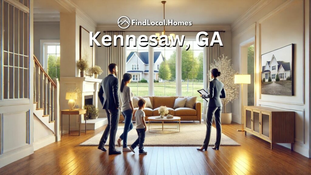 A family conducting a final walkthrough of a house in Kennesaw, GA with a real estate agent, inspecting a well-lit living room.