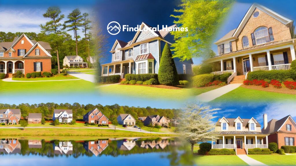 Scenic view of a neighborhood in Kennesaw, GA, featuring a mix of modern and historic homes, tree-lined streets, and local shops on a sunny day.